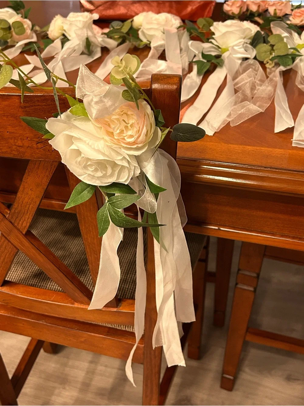 Amazon Rose Gold Tote and White Floral Ribbon chair or pew decor and boutenniers